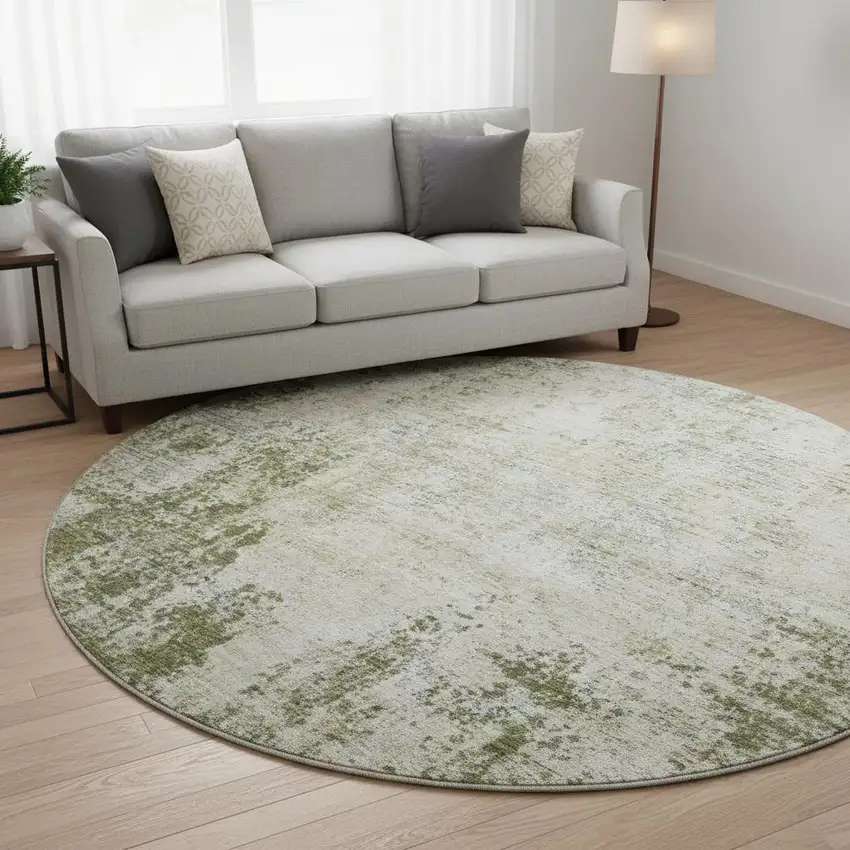 8' Olive Green And Ivory Abstract Washable Round Rug With UV Protection Photo 2