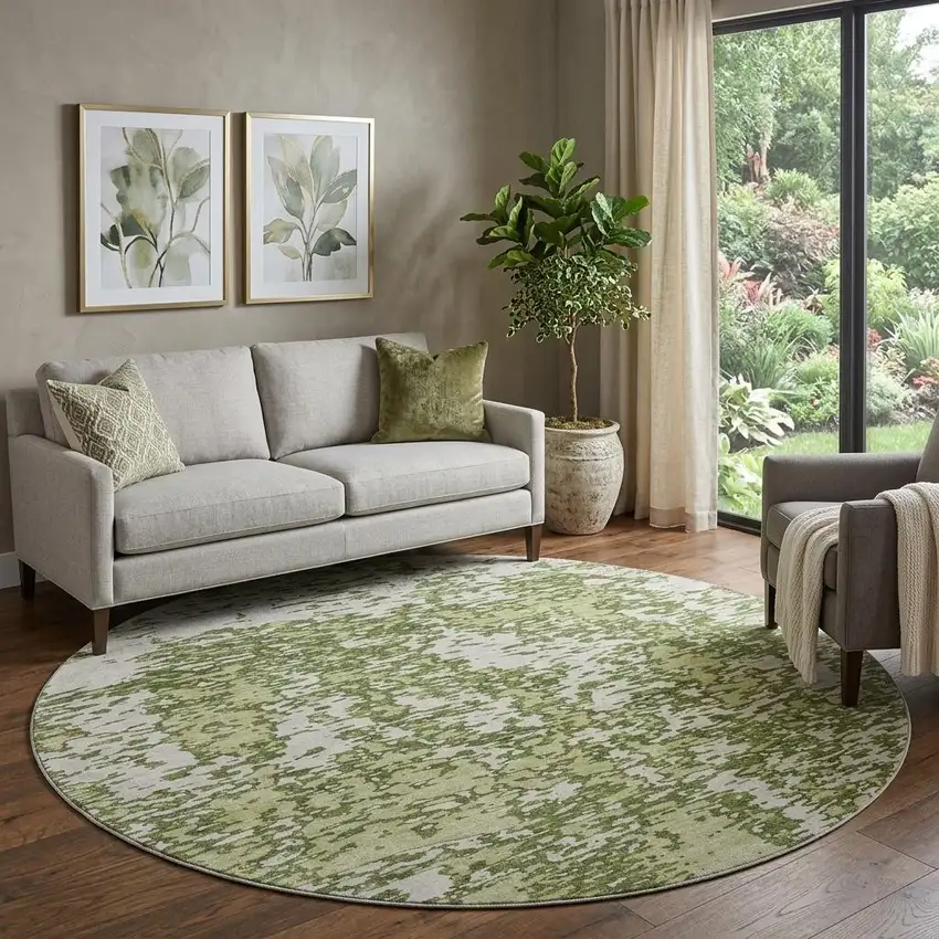 8' Olive Green And Ivory Abstract Washable Round Rug With UV Protection Photo 1