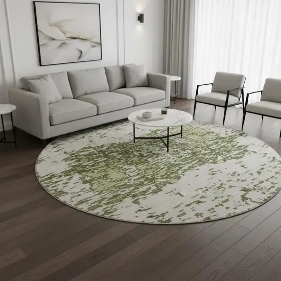 8' Olive Green And Ivory Abstract Washable Round Rug With UV Protection Photo 2