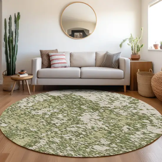 8' Olive Green And Ivory Abstract Washable Round Rug With UV Protection Photo 4