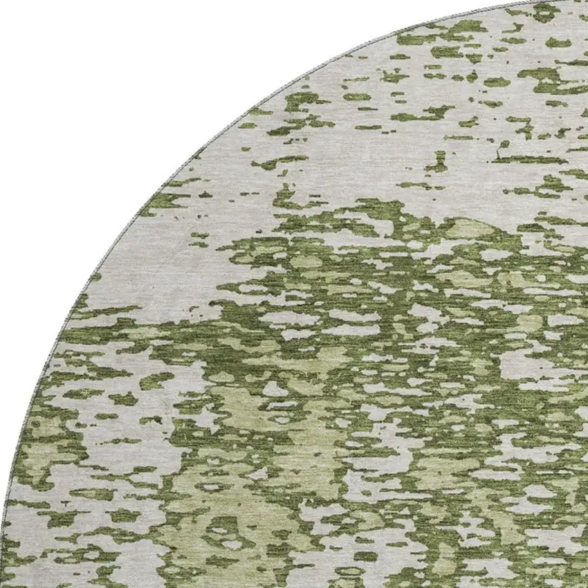 8' Olive Green And Ivory Abstract Washable Round Rug With UV Protection Photo 3