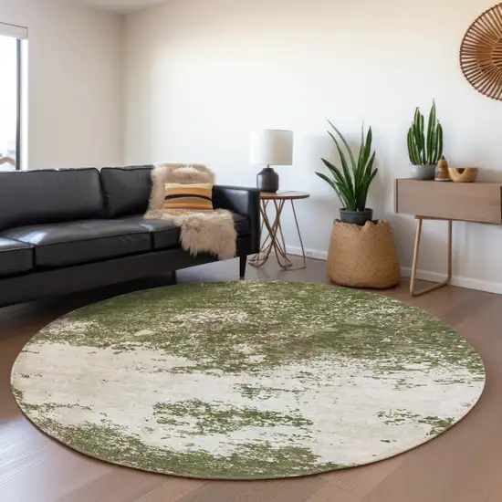 8' Olive Green And Ivory Abstract Washable Round Rug With UV Protection Photo 4
