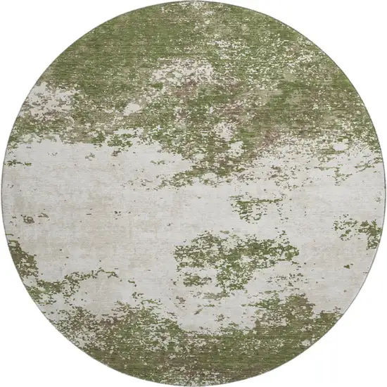 8' Olive Green And Ivory Abstract Washable Round Rug With UV Protection Photo 1