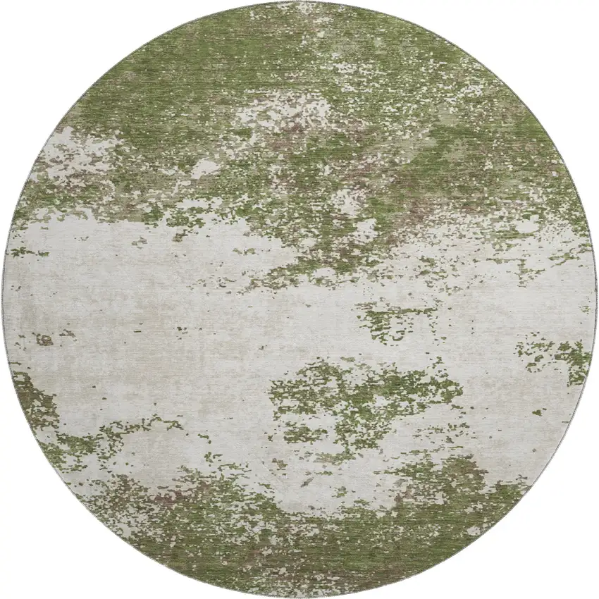 8' Olive Green And Ivory Abstract Washable Round Rug With UV Protection Photo 1