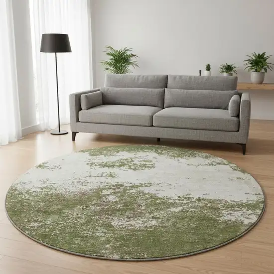8' Olive Green And Ivory Abstract Washable Round Rug With UV Protection Photo 2