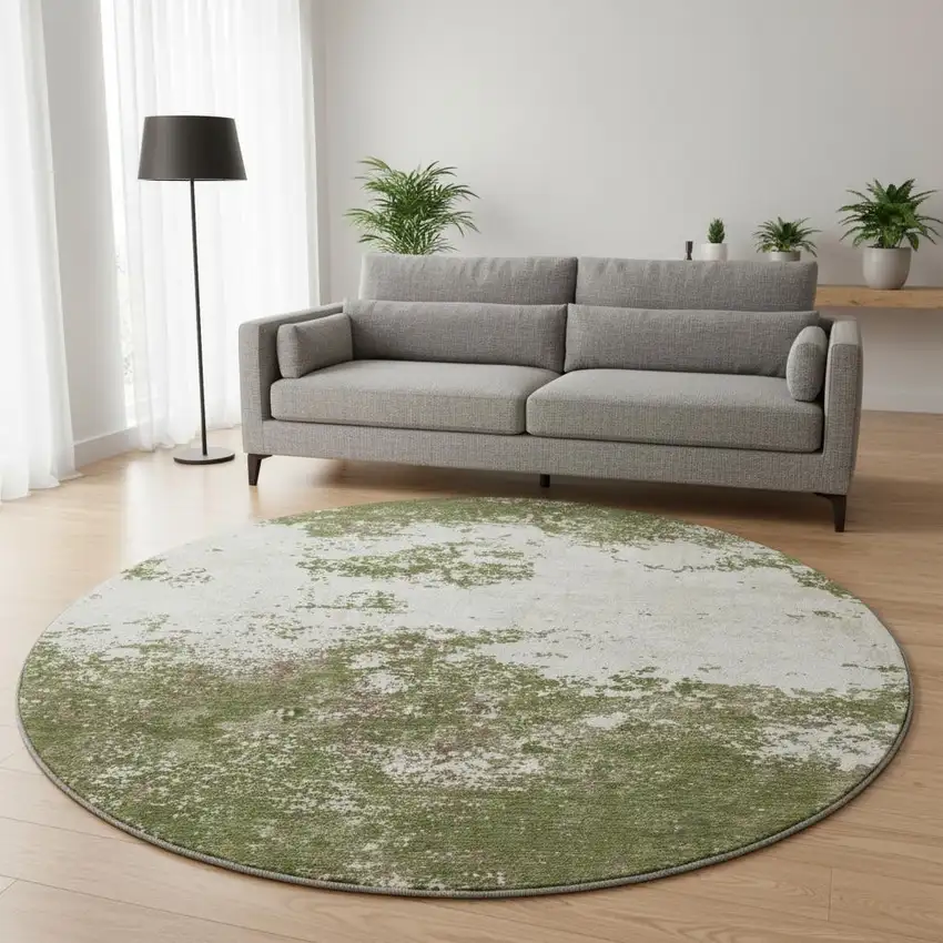 8' Olive Green And Ivory Abstract Washable Round Rug With UV Protection Photo 2