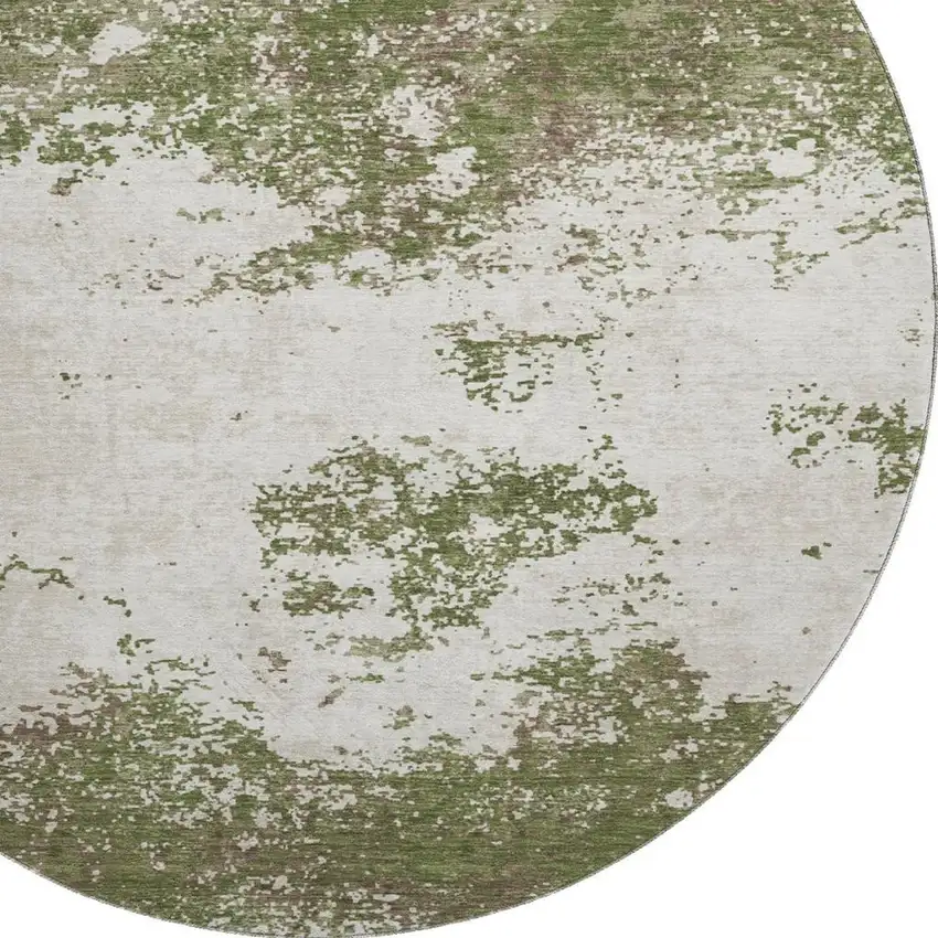 8' Olive Green And Ivory Abstract Washable Round Rug With UV Protection Photo 2
