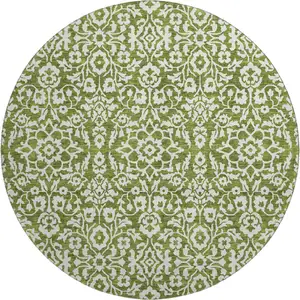 Photo of 8' Olive Green And Ivory Damask Washable Round Rug With UV Protection
