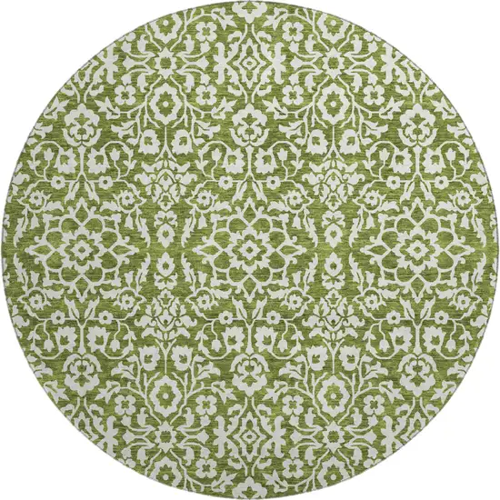 8' Olive Green And Ivory Damask Washable Round Rug With UV Protection Photo 1
