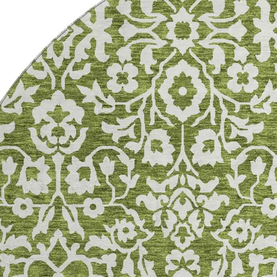 8' Olive Green And Ivory Damask Washable Round Rug With UV Protection Photo 3