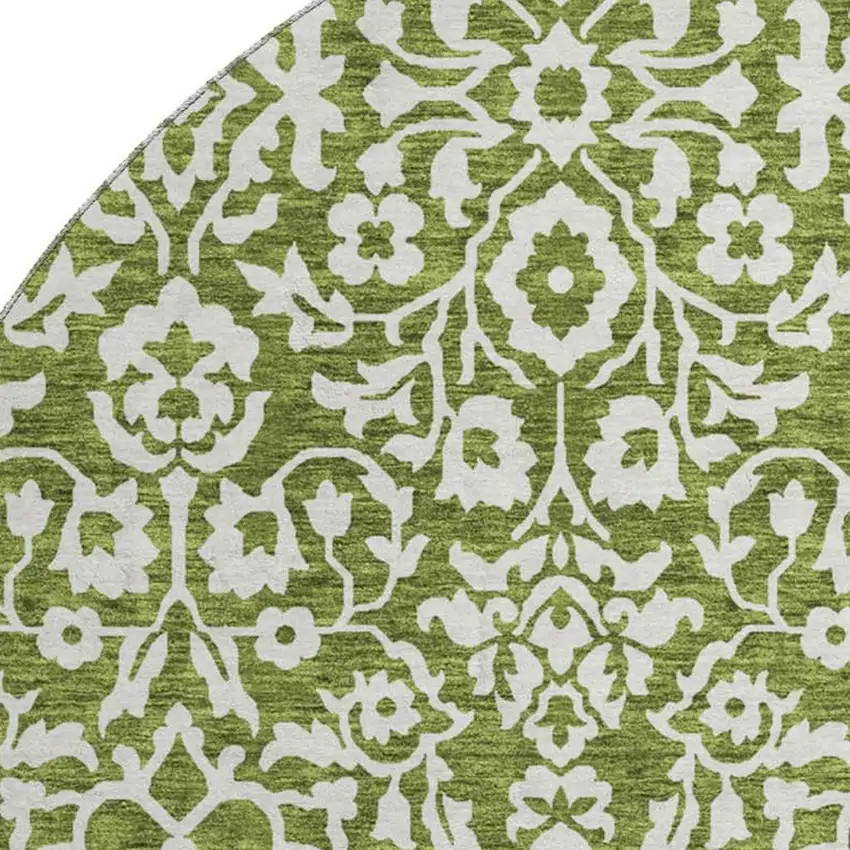 8' Olive Green And Ivory Damask Washable Round Rug With UV Protection Photo 3