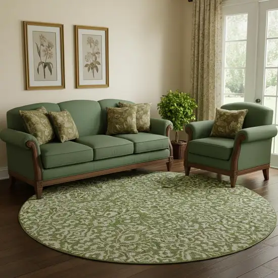 8' Olive Green And Ivory Damask Washable Round Rug With UV Protection Photo 1