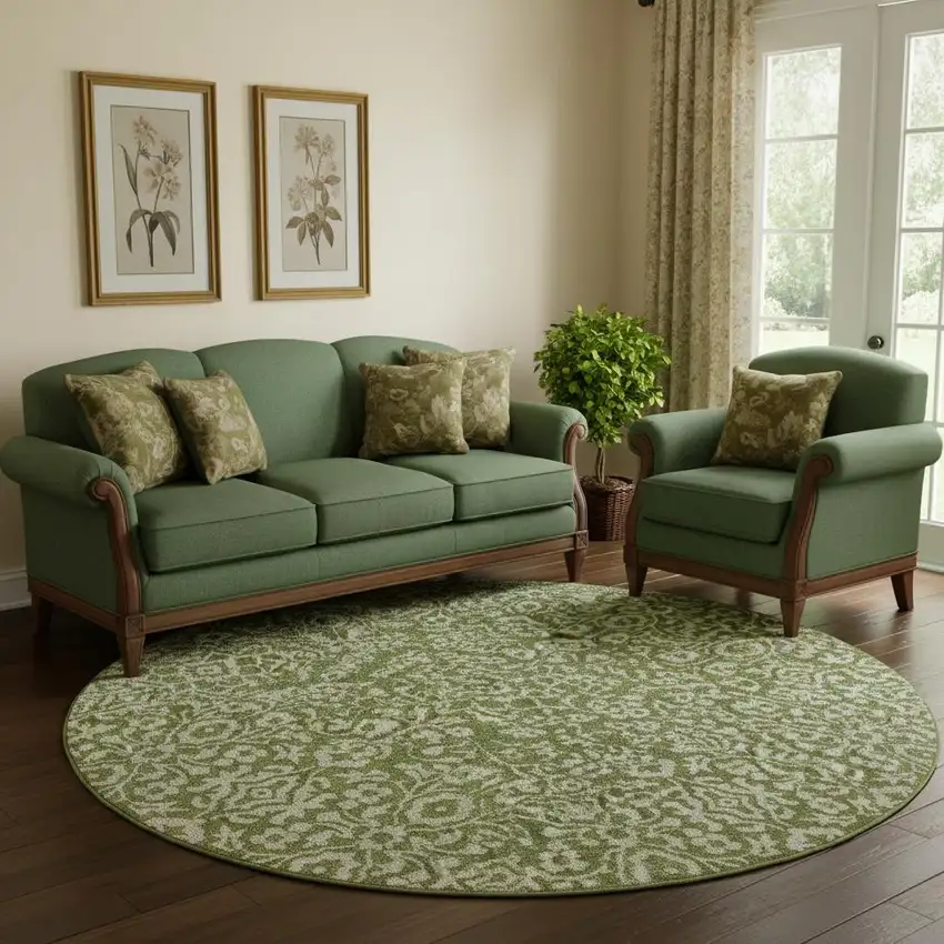 8' Olive Green And Ivory Damask Washable Round Rug With UV Protection Photo 1