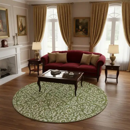 8' Olive Green And Ivory Damask Washable Round Rug With UV Protection Photo 2