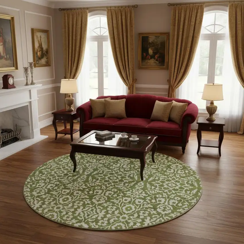 8' Olive Green And Ivory Damask Washable Round Rug With UV Protection Photo 2