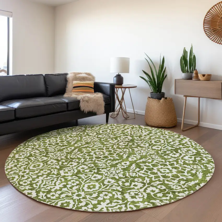 8' Olive Green And Ivory Damask Washable Round Rug With UV Protection Photo 5