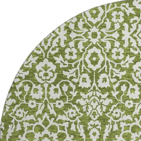 8' Olive Green And Ivory Damask Washable Round Rug With UV Protection Photo 4