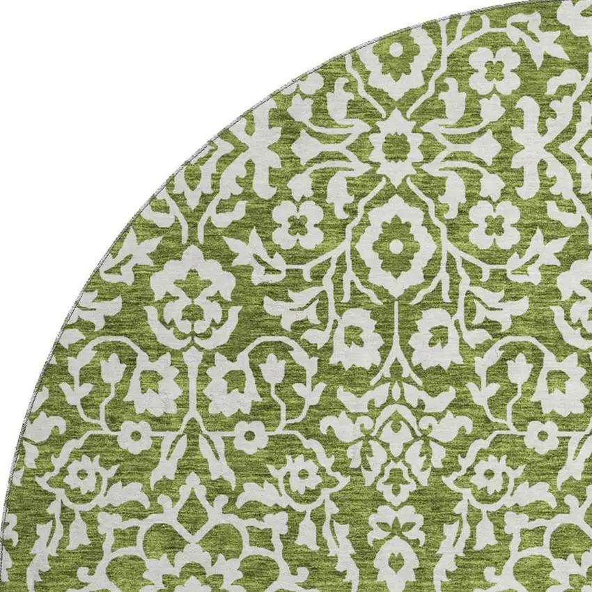 8' Olive Green And Ivory Damask Washable Round Rug With UV Protection Photo 4
