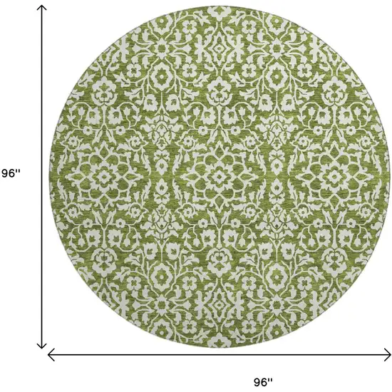8' Olive Green And Ivory Damask Washable Round Rug With UV Protection Photo 3