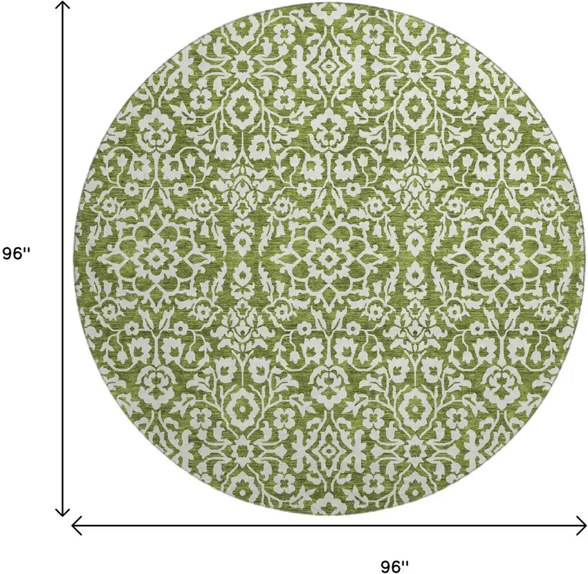8' Olive Green And Ivory Damask Washable Round Rug With UV Protection Photo 3