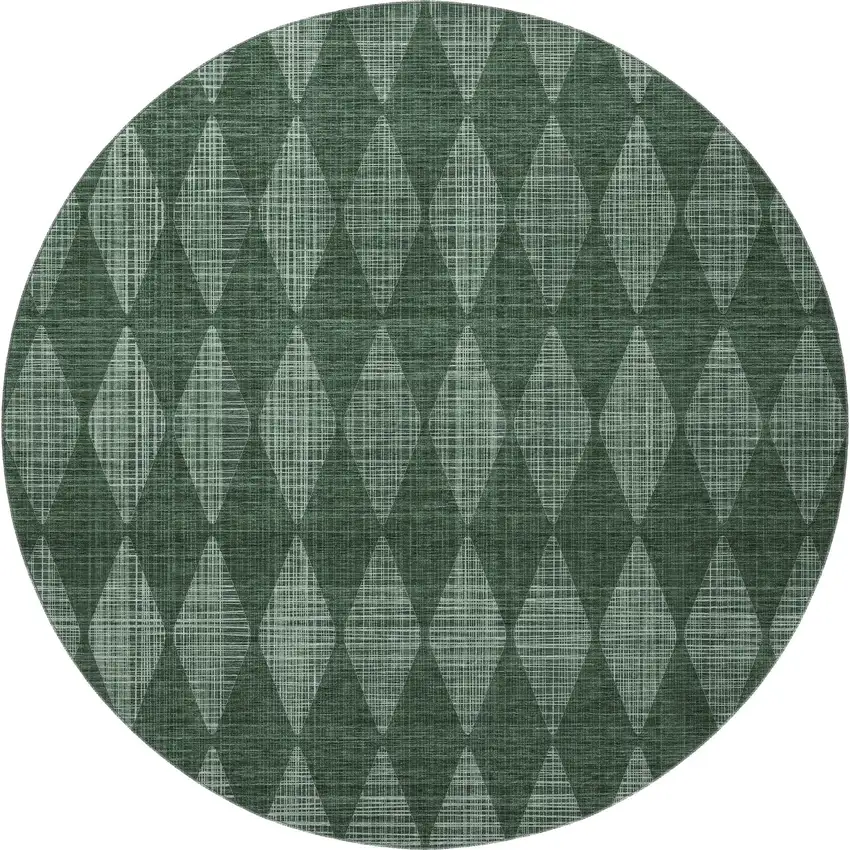 8' Olive Green And Ivory Diamond Washable Round Rug With UV Protection Photo 3