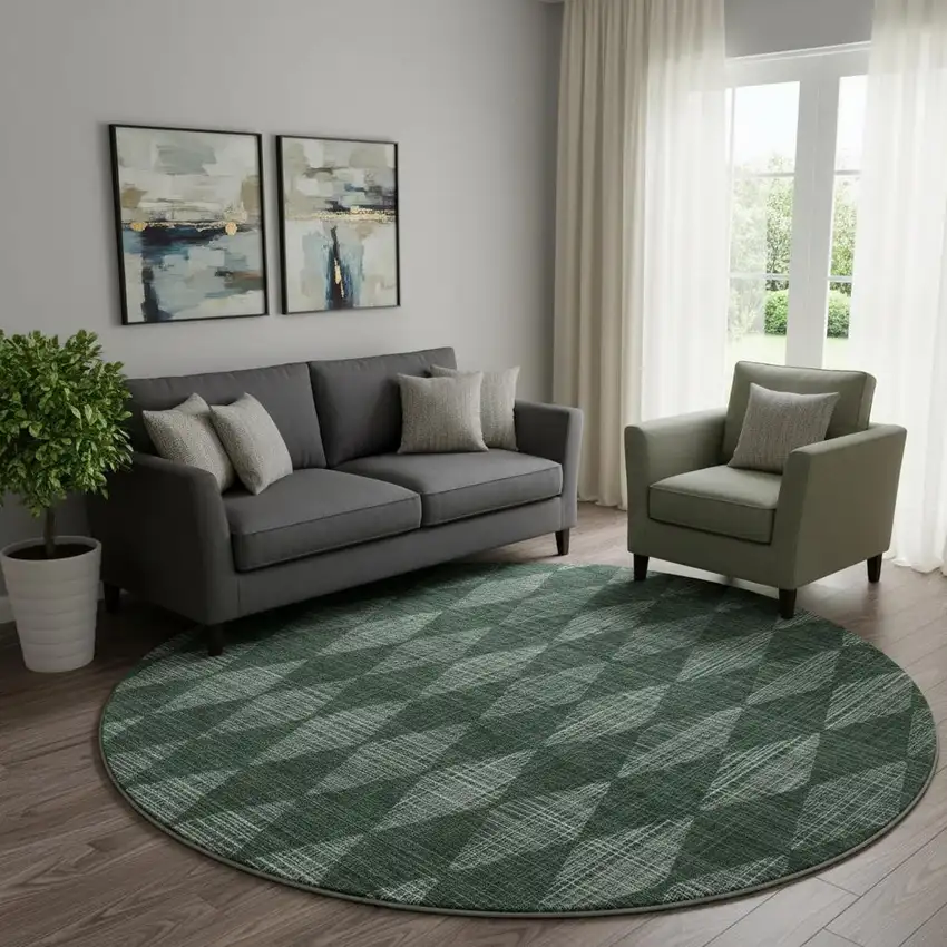 8' Olive Green And Ivory Diamond Washable Round Rug With UV Protection Photo 1