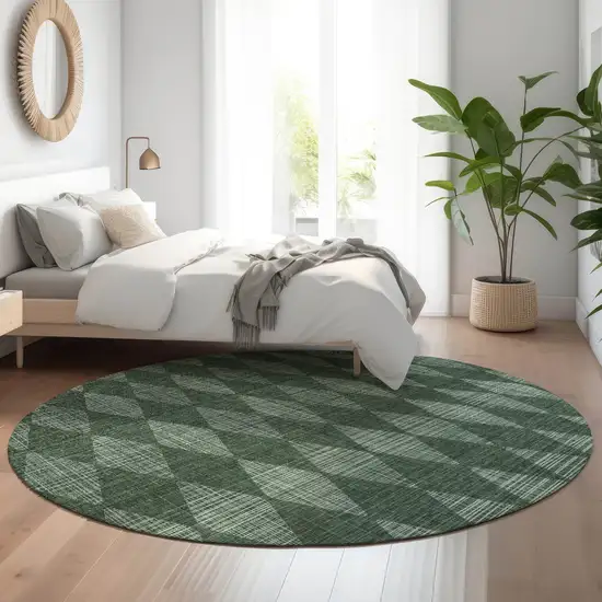 8' Olive Green And Ivory Diamond Washable Round Rug With UV Protection Photo 4