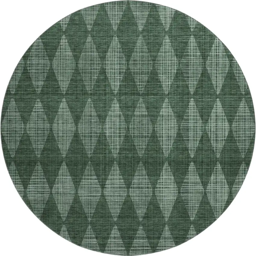 8' Olive Green And Ivory Diamond Washable Round Rug With UV Protection Photo 1