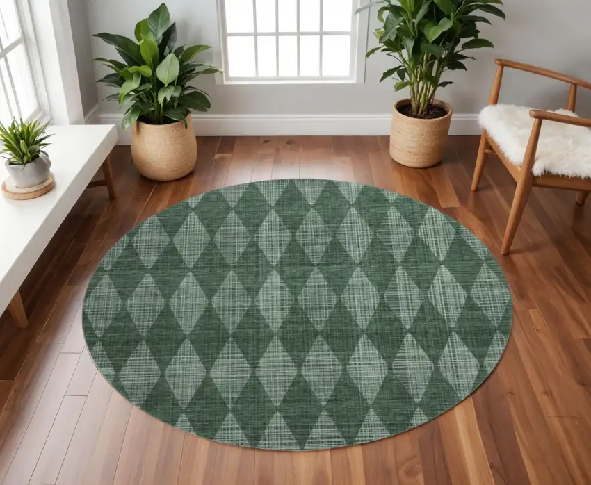 8' Olive Green And Ivory Diamond Washable Round Rug With UV Protection Photo 2