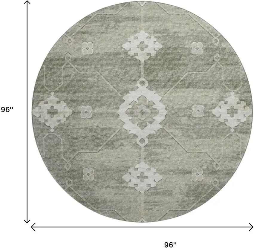 8' Olive Green And Ivory Floral Medallion Washable Round Rug With UV Protection Photo 3