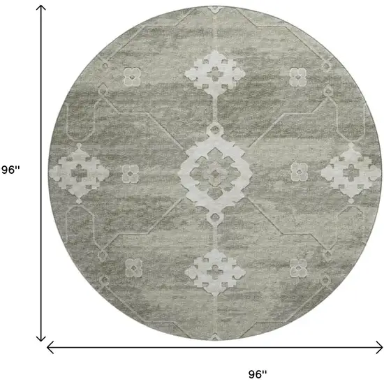 8' Olive Green And Ivory Floral Medallion Washable Round Rug With UV Protection Photo 3