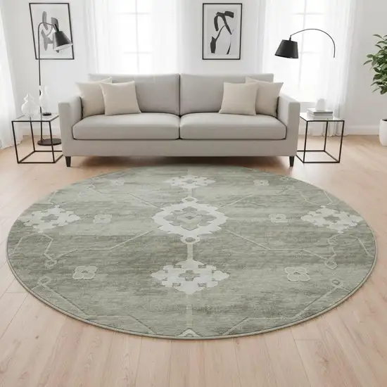 8' Olive Green And Ivory Floral Medallion Washable Round Rug With UV Protection Photo 1