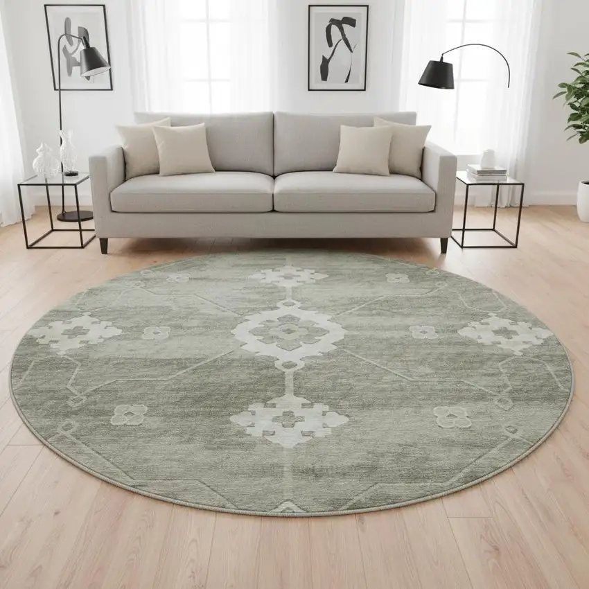 8' Olive Green And Ivory Floral Medallion Washable Round Rug With UV Protection Photo 1