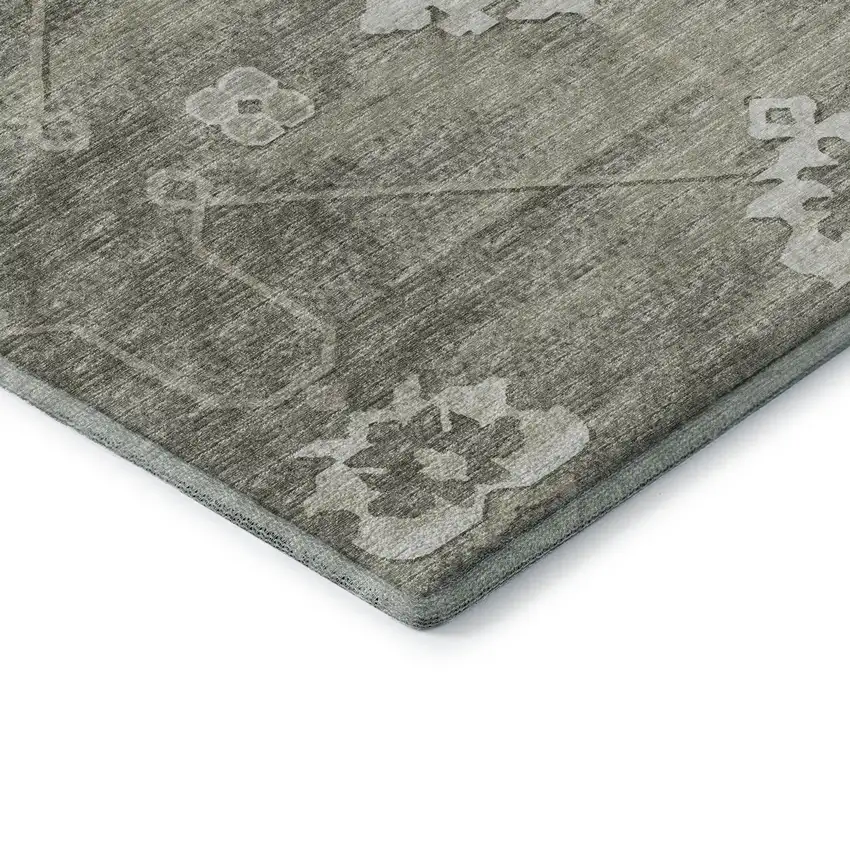 8' Olive Green And Ivory Floral Medallion Washable Round Rug With UV Protection Photo 6