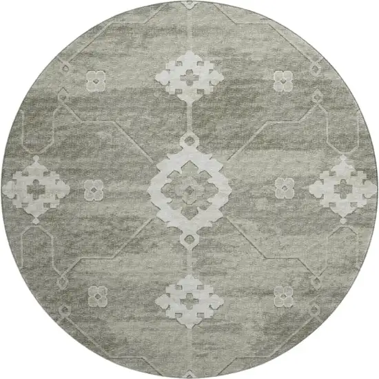 8' Olive Green And Ivory Floral Medallion Washable Round Rug With UV Protection Photo 2