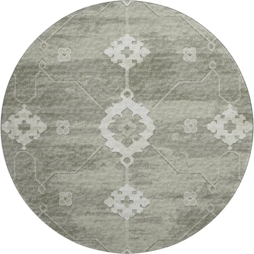 8' Olive Green And Ivory Floral Medallion Washable Round Rug With UV Protection Photo 2