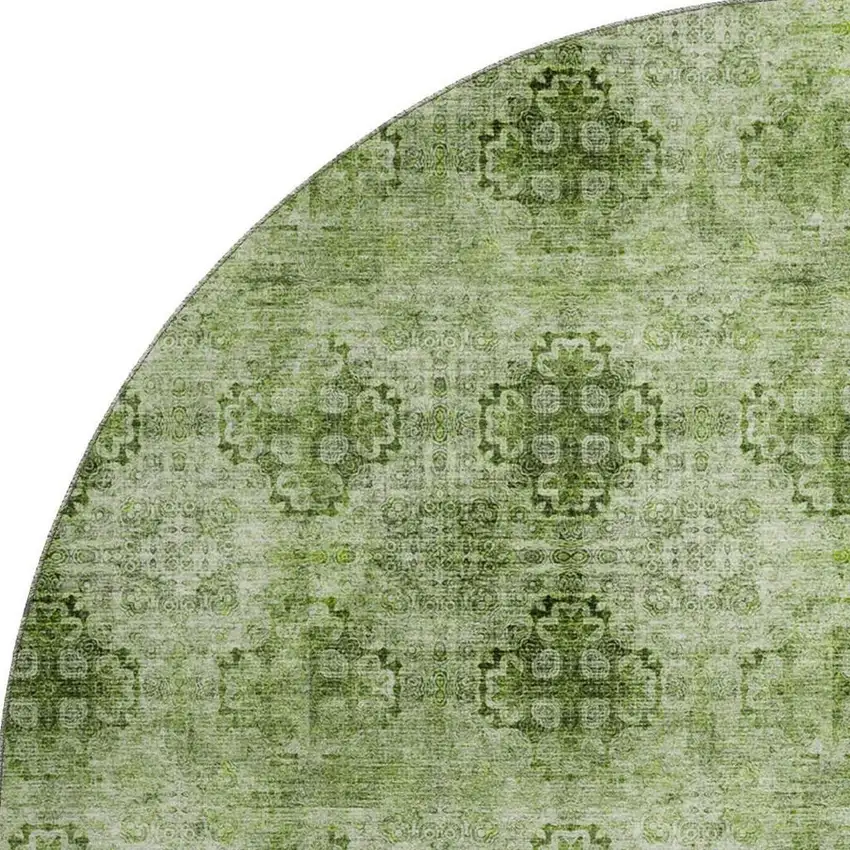 8' Olive Green And Ivory Floral Medallion Washable Round Rug With UV Protection Photo 4