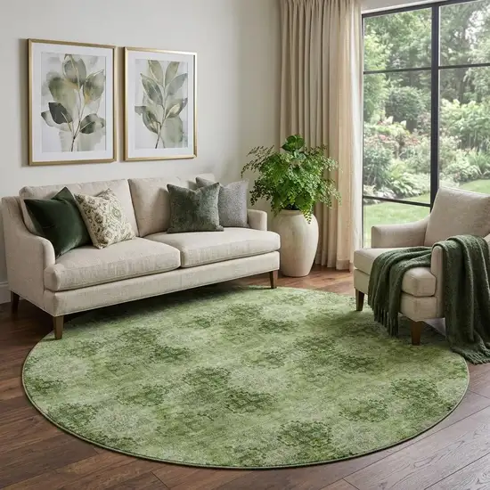 8' Olive Green And Ivory Floral Medallion Distressed Washable Round Rug With UV Protection Photo 1
