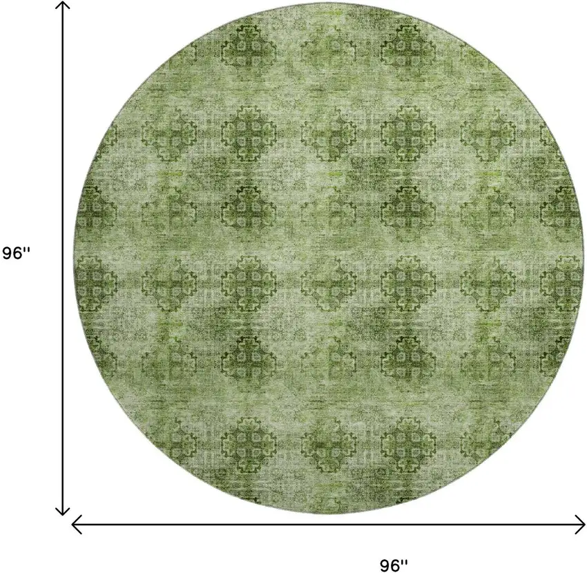 8' Olive Green And Ivory Floral Medallion Distressed Washable Round Rug With UV Protection Photo 9