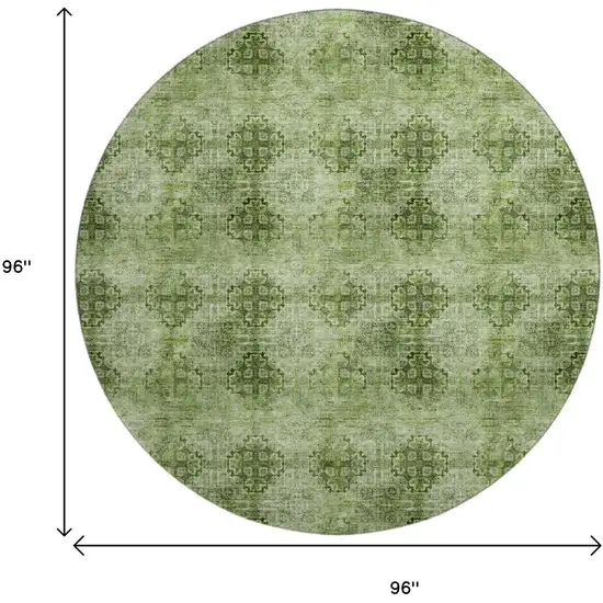 8' Olive Green And Ivory Floral Medallion Distressed Washable Round Rug With UV Protection Photo 9