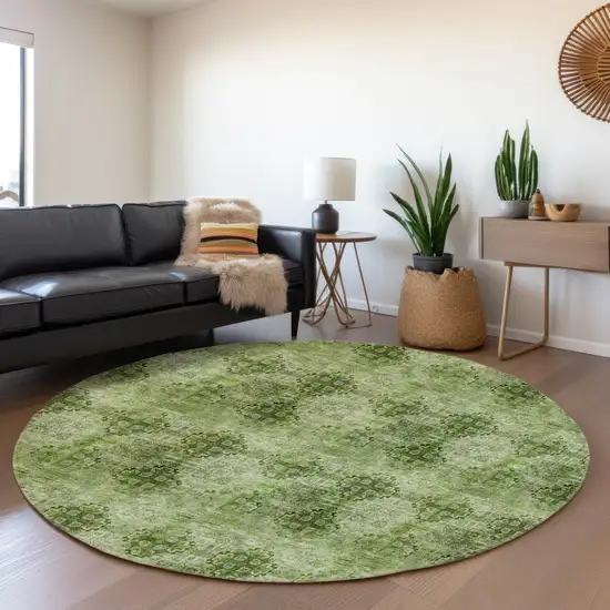 8' Olive Green And Ivory Floral Medallion Washable Round Rug With UV Protection Photo 5
