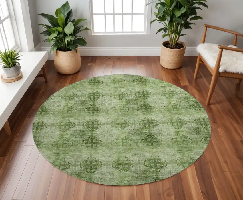 8' Olive Green And Ivory Floral Medallion Washable Round Rug With UV Protection Photo 2