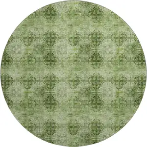 Photo of 8' Olive Green And Ivory Floral Medallion Washable Round Rug With UV Protection