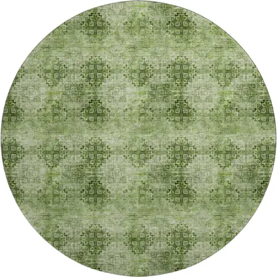 8' Olive Green And Ivory Floral Medallion Washable Round Rug With UV Protection Photo 1