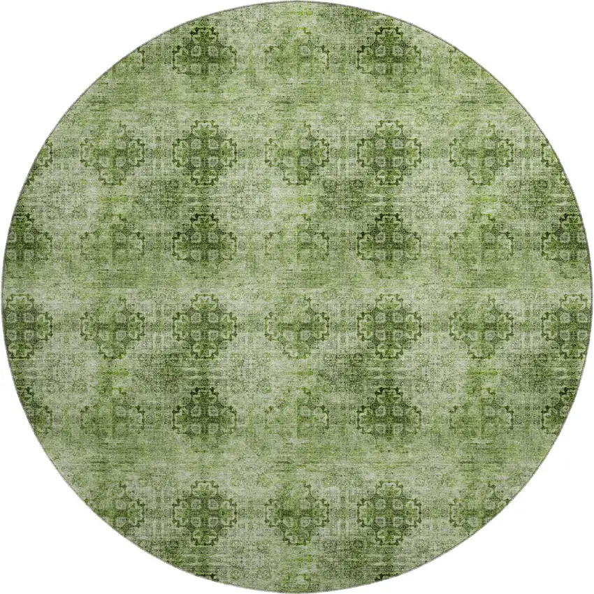 8' Olive Green And Ivory Floral Medallion Washable Round Rug With UV Protection Photo 1