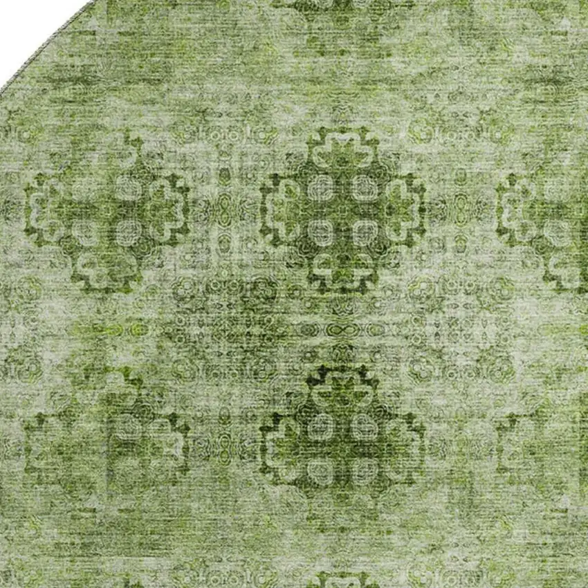 8' Olive Green And Ivory Floral Medallion Washable Round Rug With UV Protection Photo 3