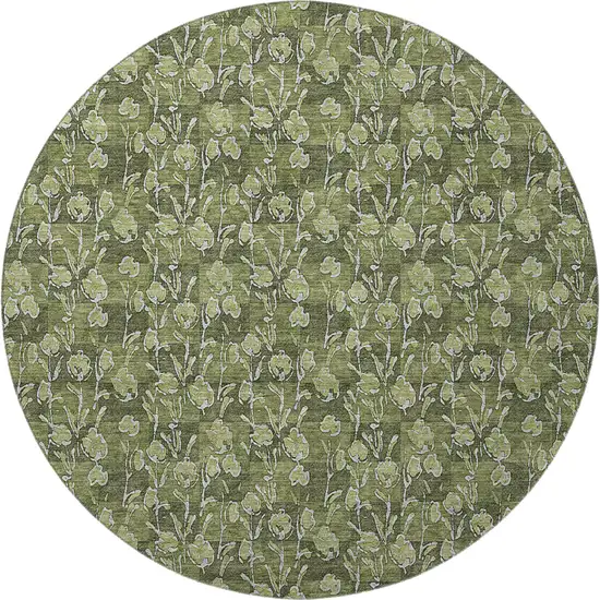8' Olive Green And Ivory Floral Washable Round Rug With UV Protection Photo 4