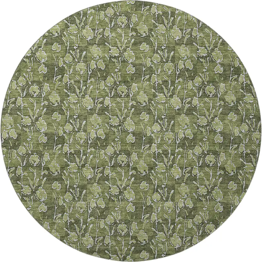 8' Olive Green And Ivory Floral Washable Round Rug With UV Protection Photo 4