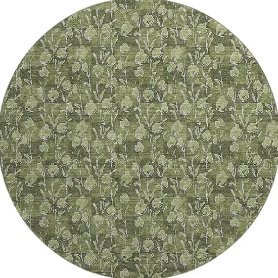 8' Olive Green And Ivory Floral Washable Round Rug With UV Protection Photo 3