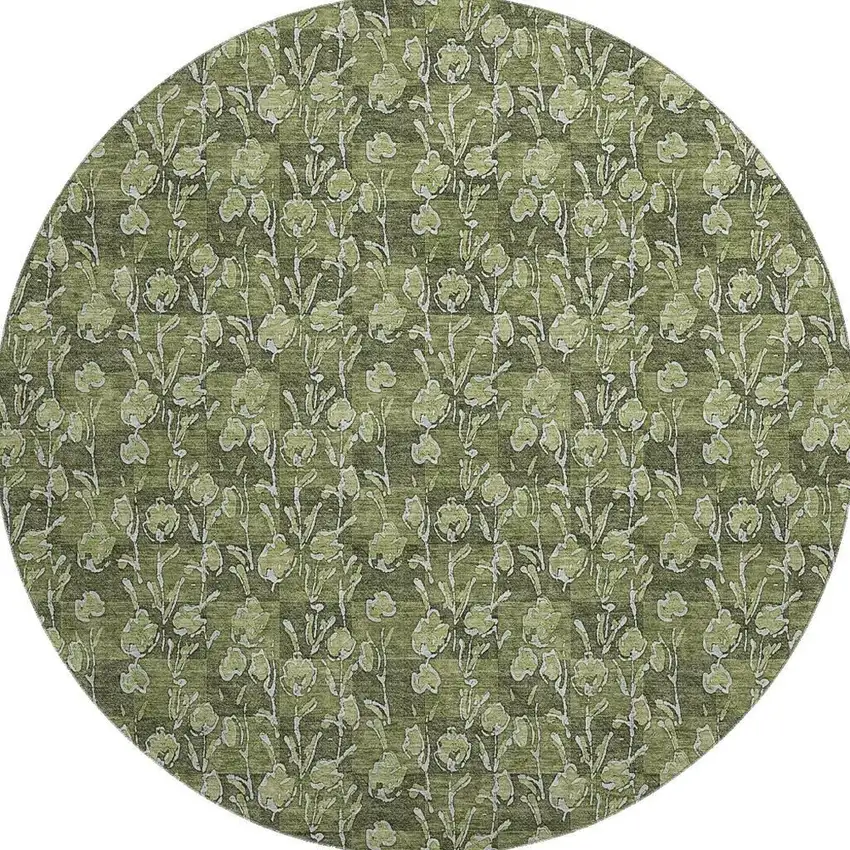 8' Olive Green And Ivory Floral Washable Round Rug With UV Protection Photo 3